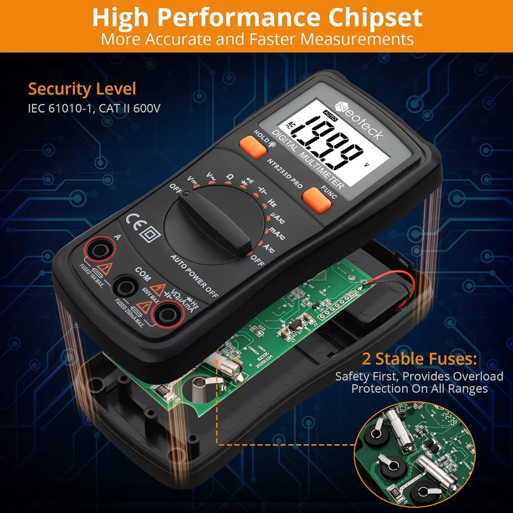 Battery Powered Digital Multimeter with Large Backlit LCD Display and Leads