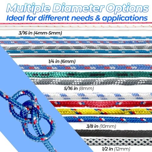 Heavy Duty Polyester Double Braided Rope, 1/4in X 55FT Gray - With Loop