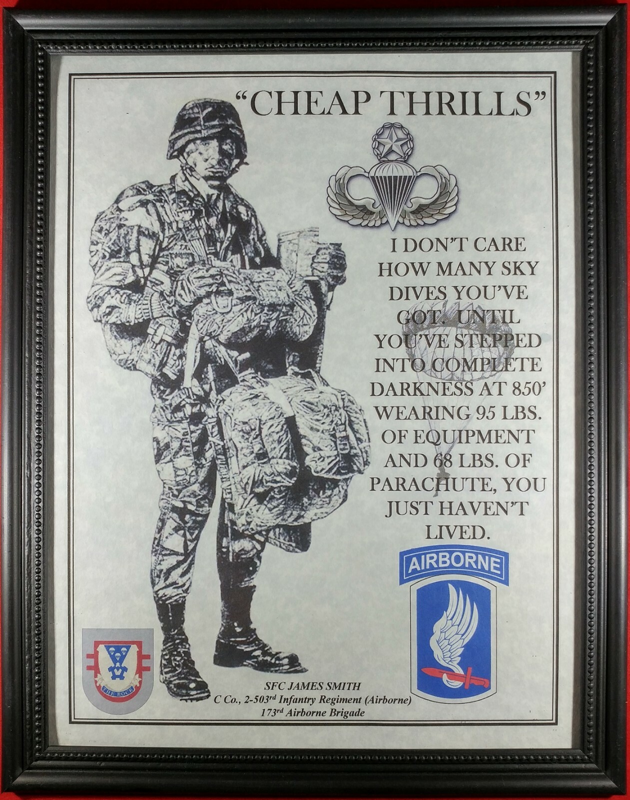MC-NICE: ARMY Airborne "Cheap Thrills" 173rd Airborne Bgd Framed PERSONALIZED