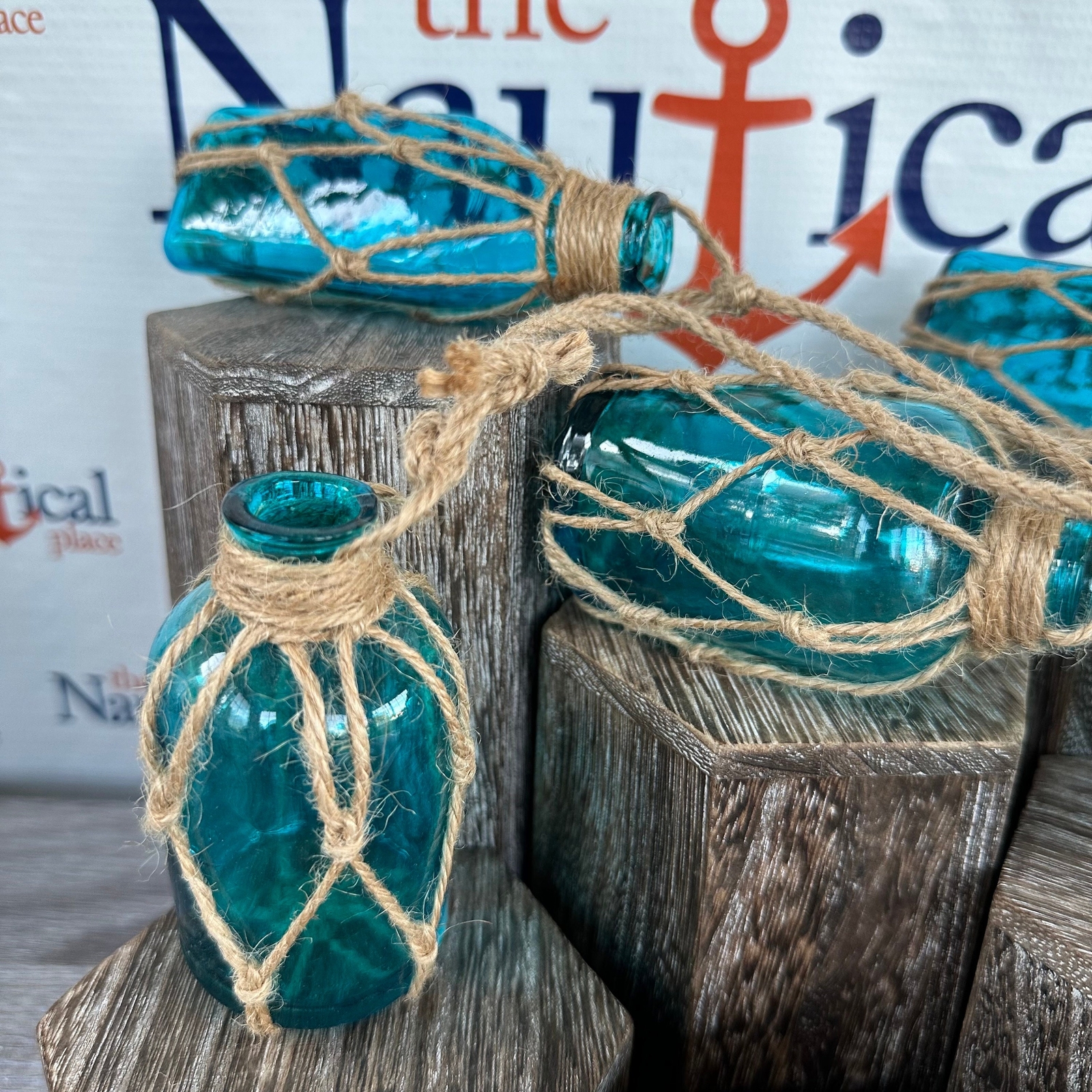 5 - Aqua Glass Bottles On Rope - Nautical Fish Net Buoy Ball Floats, Beach Decor