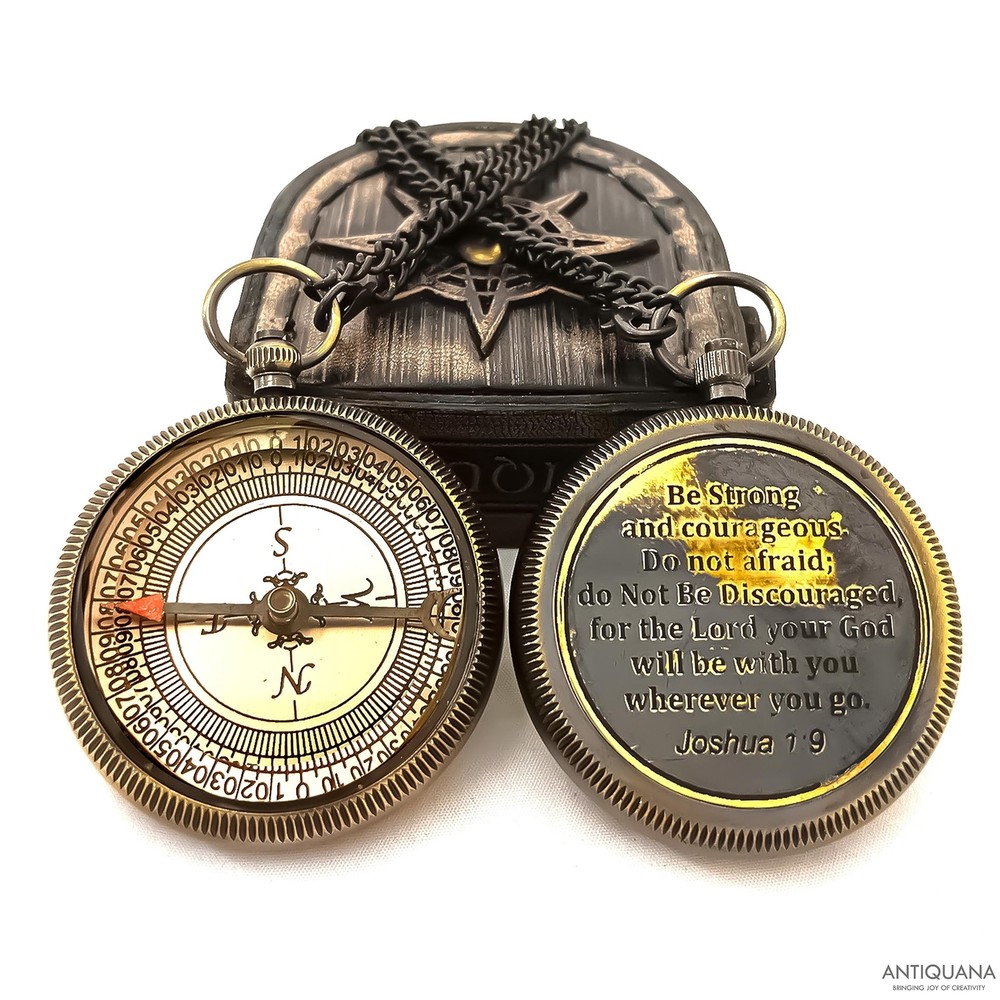 Be Strong and Courageous Engraved Compass with Authentic Leather Case Brass C...