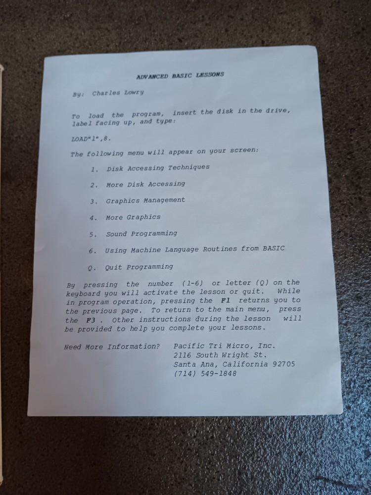 Commodore 64 Advanced Basic Lessons Computer Software Tested/Works