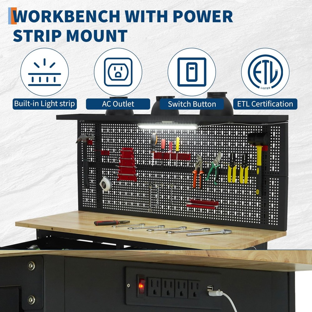 60" Workbench with LED Pegboard and Drawers,Heavy Duty Workbench Tool Storage
