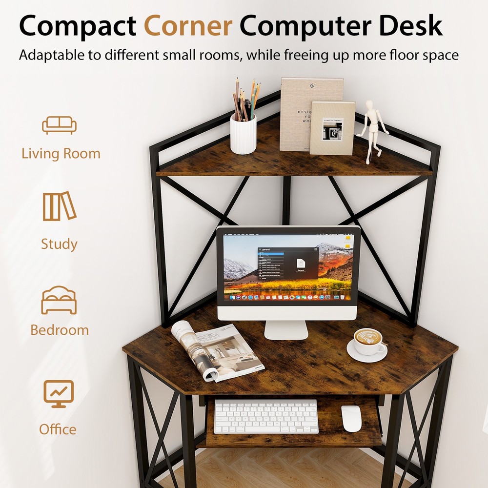 Corner Desk Space-Saving Computer Desk w/ Shelves & Keyboard Tray Rustic Brown