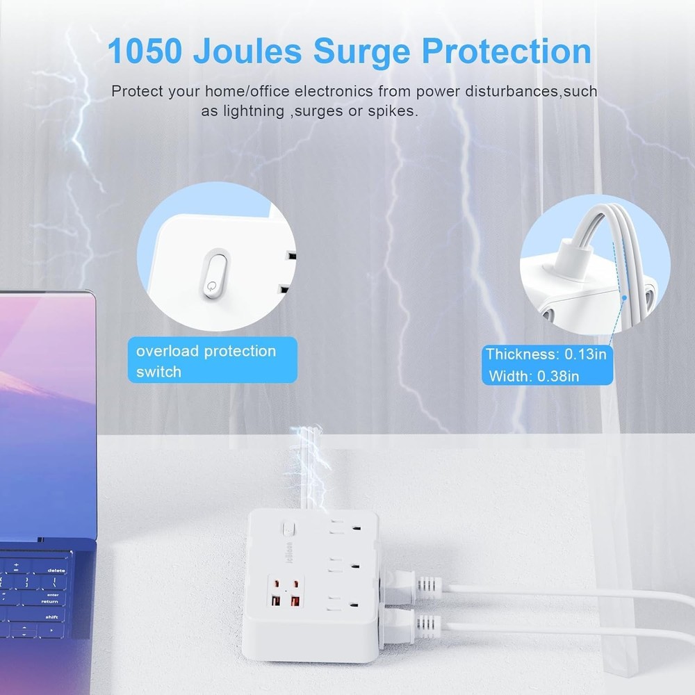 Flat Plug Power Strip Surge Protector, 5ft Ultra Thin Extension 5FT, White