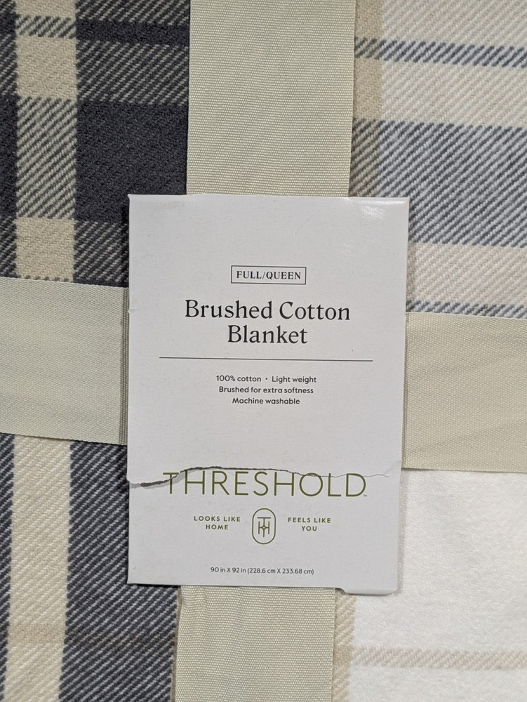 Full/Queen Brushed Cotton Blanket Neutral Plaid - Threshold
