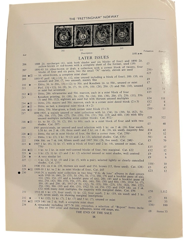 1958 Robson Lowe Norway Specialised Stamp Sale Catalogue + Prices Realized