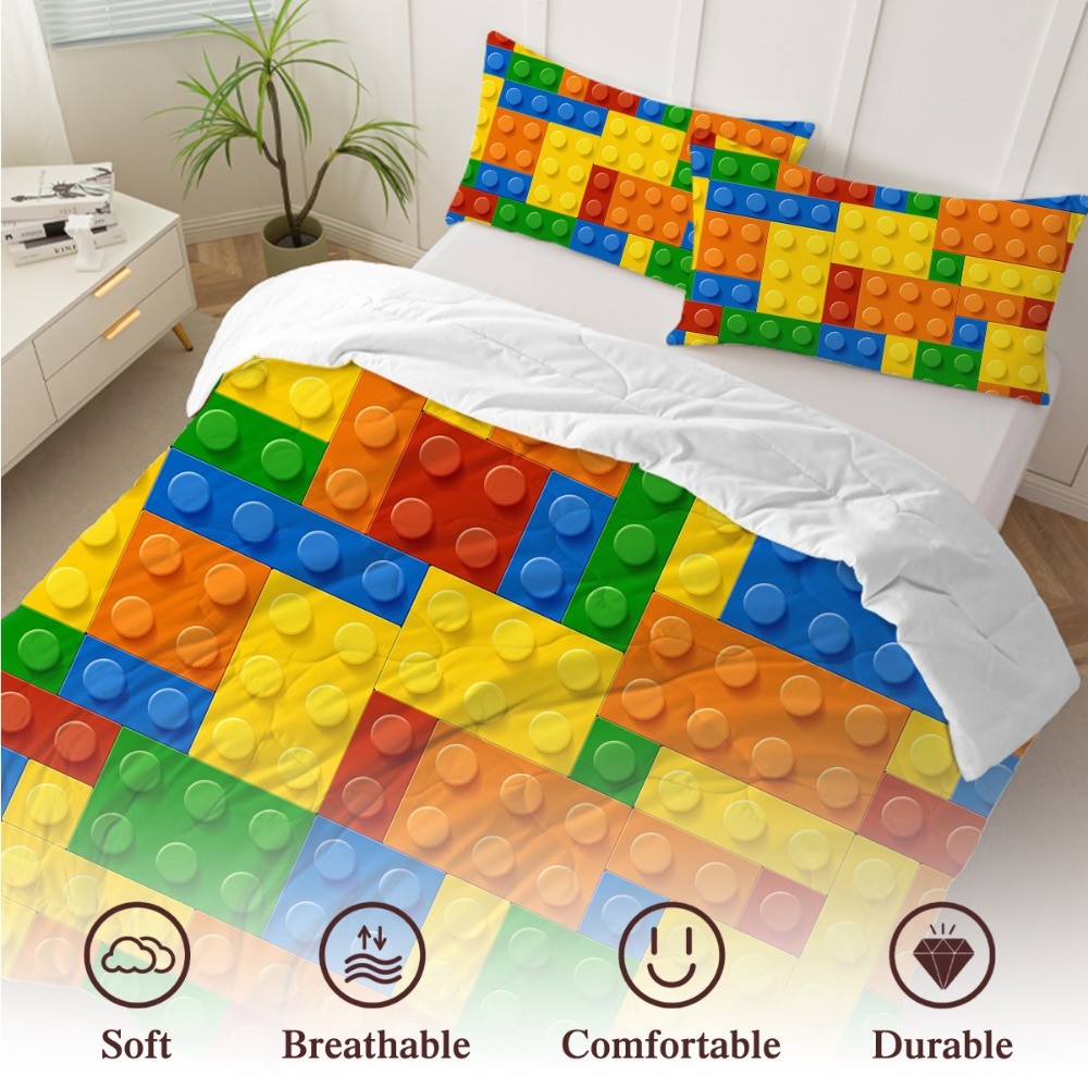 3pcs Funny Dot Building Blocks Comforter Set Colorful Bricks Thin Bedding Set