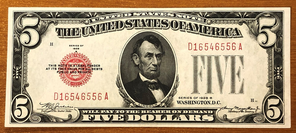 1928 B $5 Dollar US Red Seal Note -  UNCIRCULATED