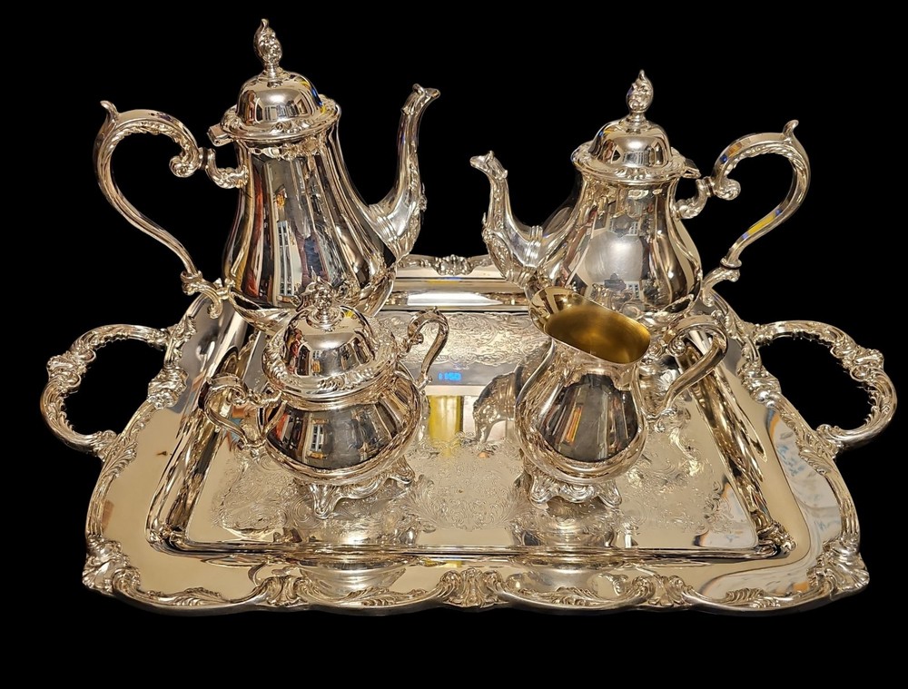 Wm Rogers & Son Silverplate Coffee Tea Service Set 5pc Ornate Floral Scroll Tray