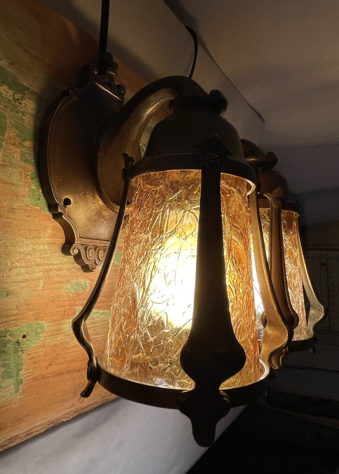 RESTORED Pair Antique Vtg Tudor Arts Crafts Wall Sconces Amber Glass Porch Light