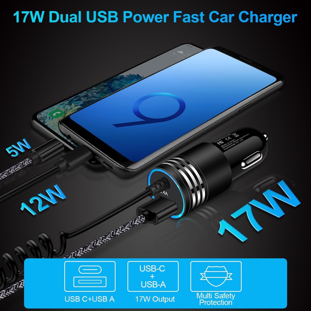 Android Car Charger Fast Charging Cord 3.4A USB Cigarette Lighter Adapter wit...