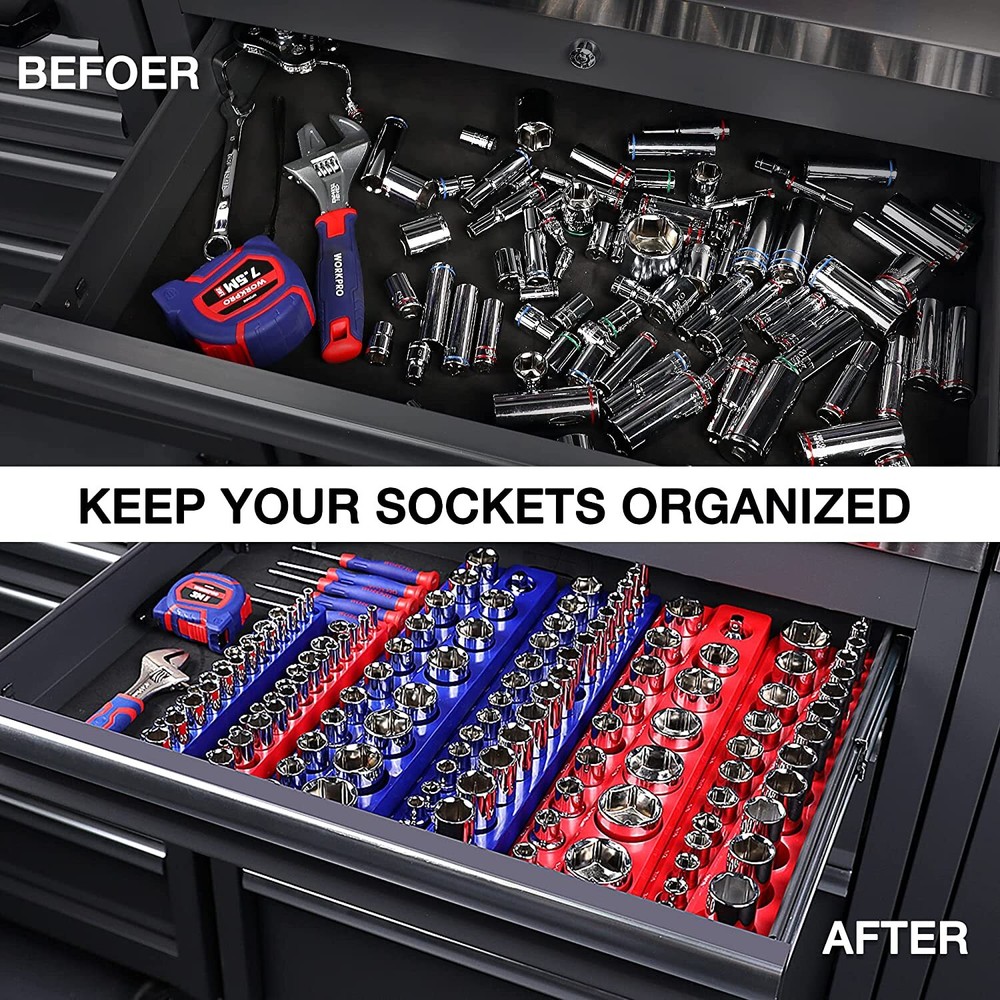 WORKPRO Magnetic Socket Organizer Set 1/4" 3/8" and 1/2" Drive SAE Socket Trays