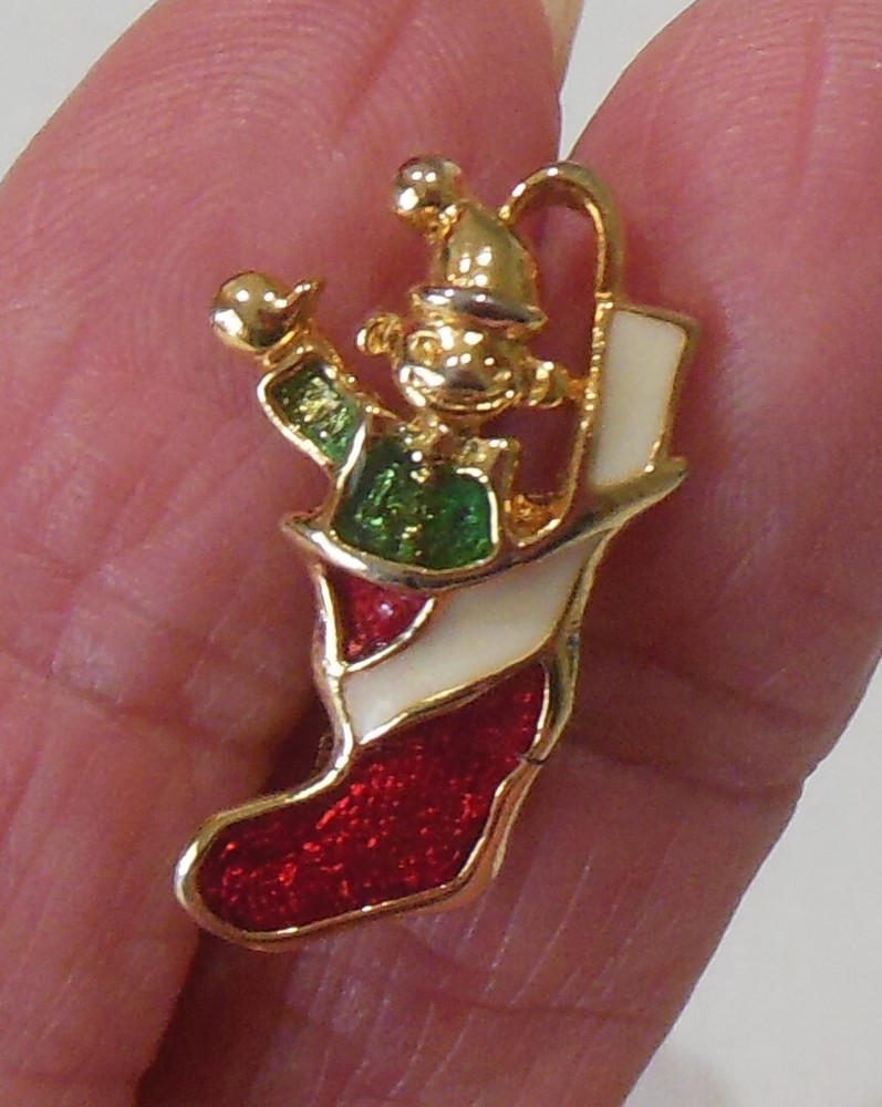 Gold-tone Mini Christmas Stocking & Bear Enamel Brooch