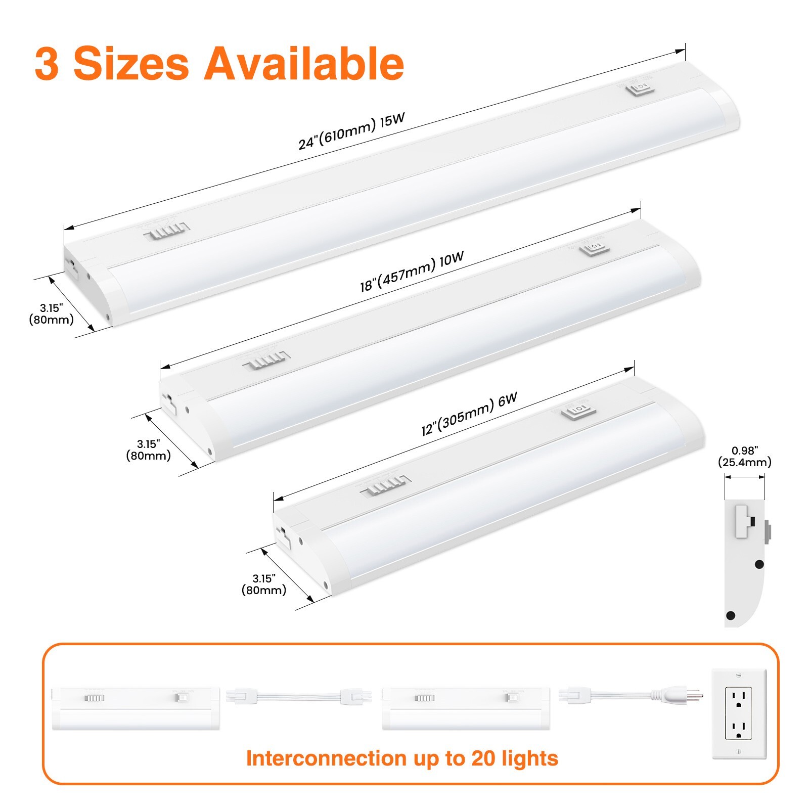 LED 12''/18''/24'' Under Cabinet Closet Light Hardwired Kitchen Lamp Linkable