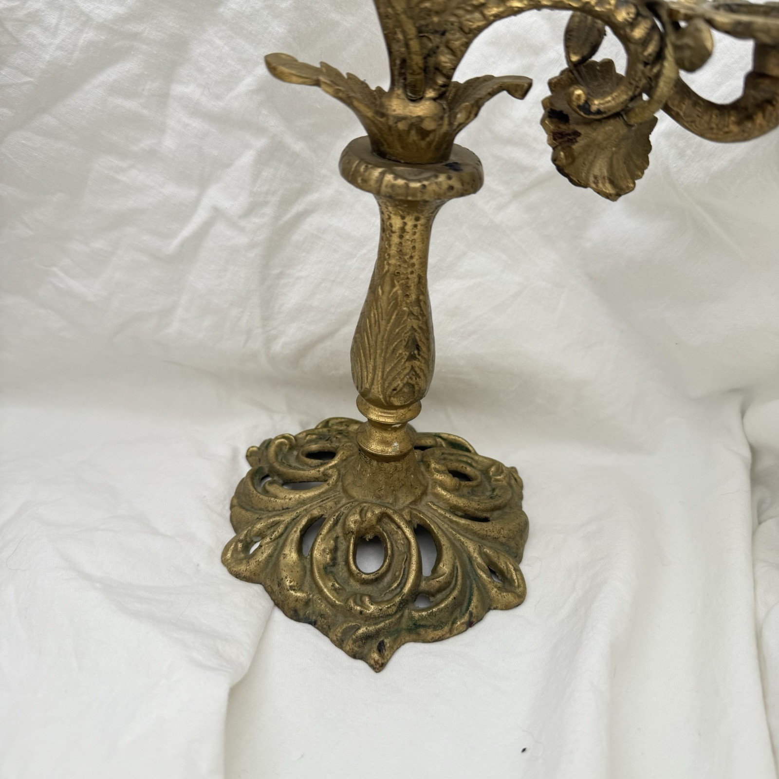 Vtg Triple Candelabra Ornate Floral Heavy Brass Candlesticks Candle Holders Pair