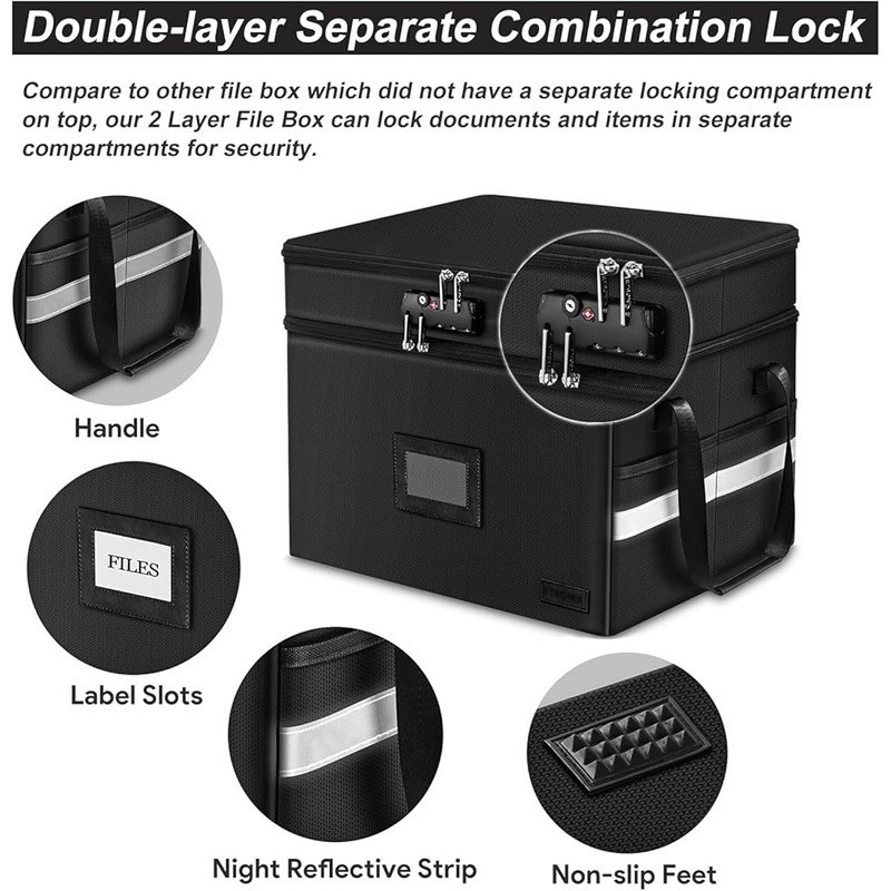 Fireproof Waterproof Double Layer File Storage Box W/ Lock Portable Organizer US