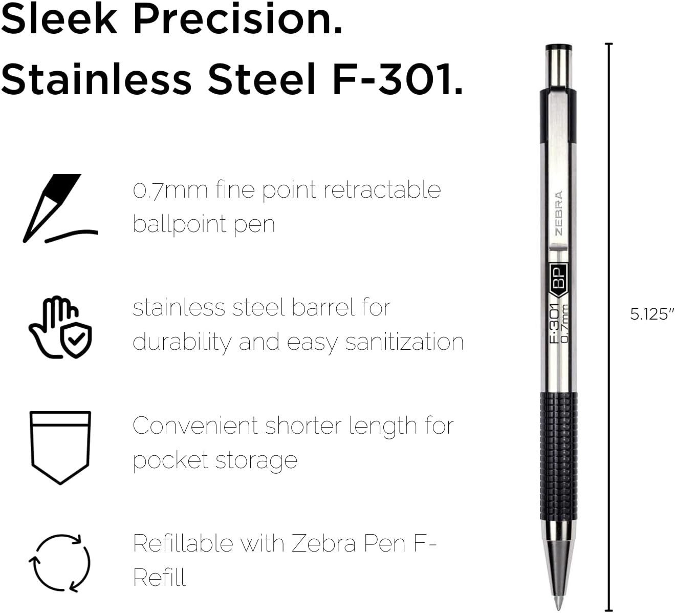 (12 Pack) Zebra F-301 Ballpoint Fine 0.7mm Black Stainless Steel Retractable Pen