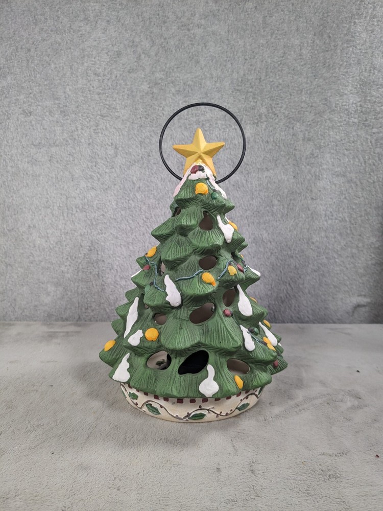 New Creative Ceramic Christmas Tree Candle Holder 9" Snowy Tree Winter Decor