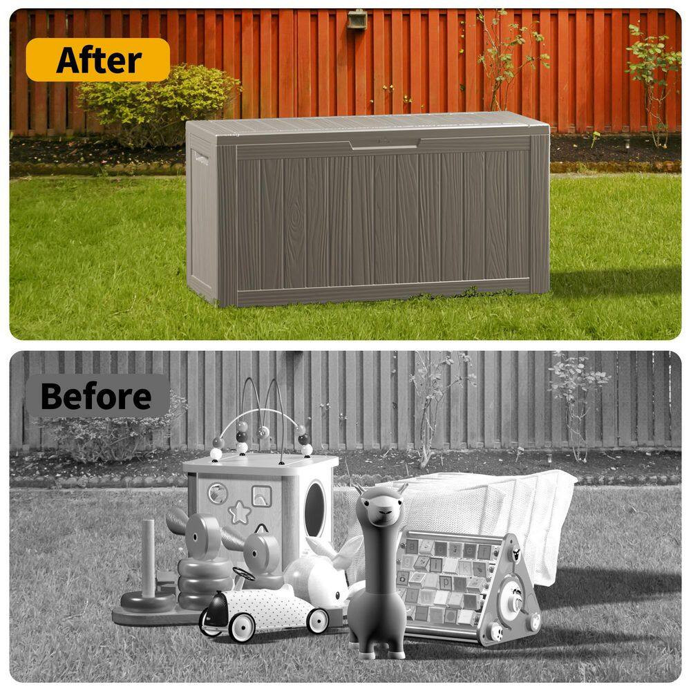 80 Gal. Light Brown Waterproof Resin Deck Box with Lid Rattan-Style Outdoor Stor