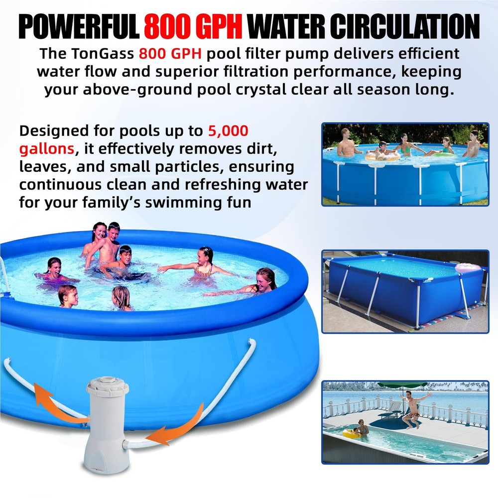 800 GPH Pool Filter Pump for above Ground Pools, Powerful Circulation System wit