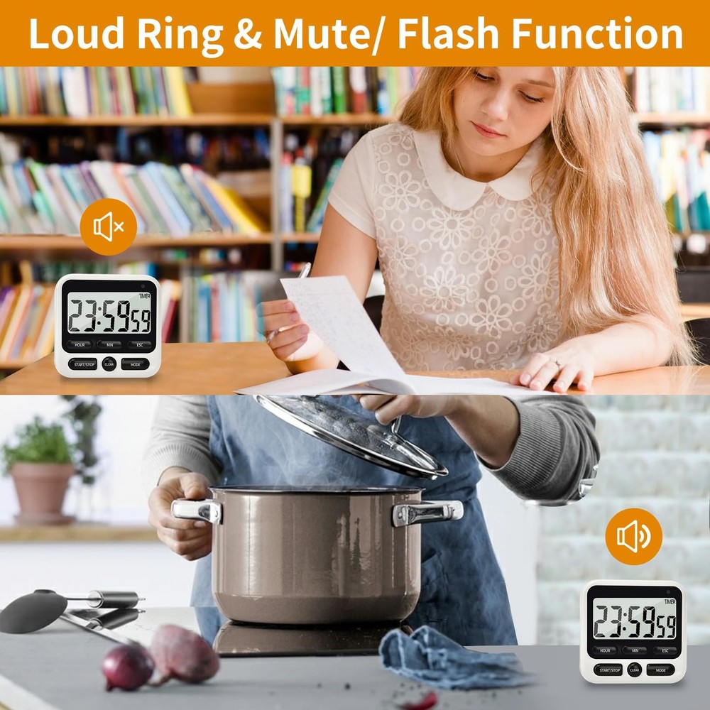 NKOVE Digital Kitchen Timer 24 Hour Clock and Alarm Function with Silent or A...
