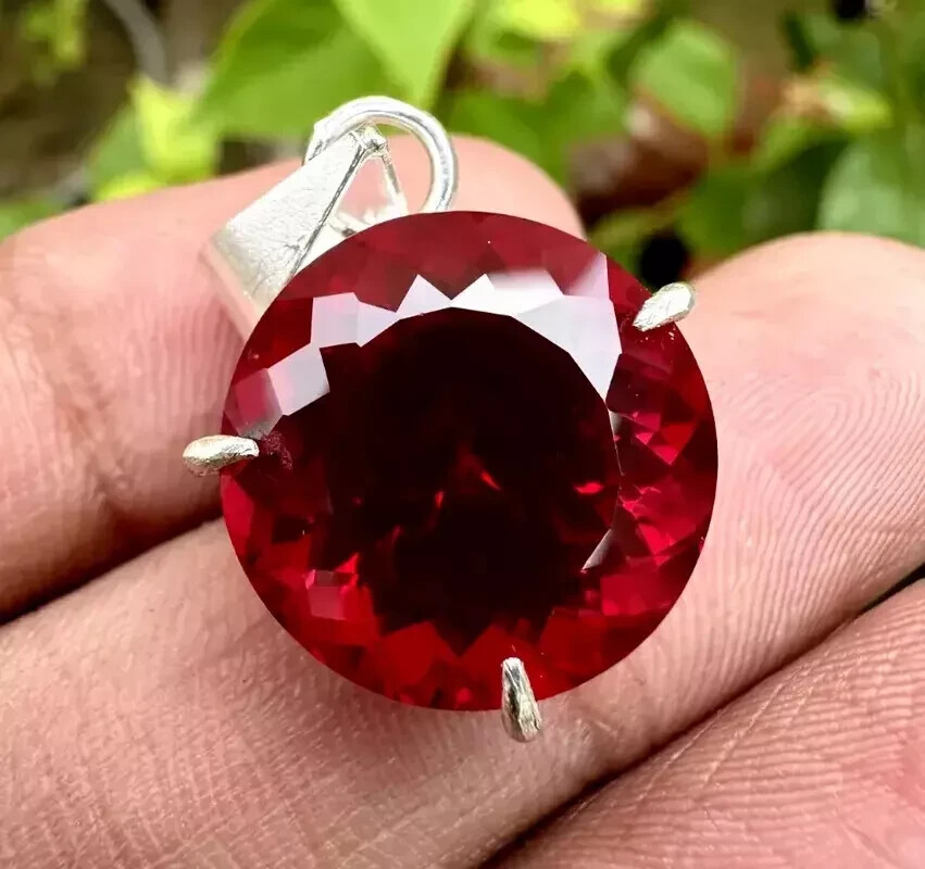 Natural Red Ruby Round Certified 24 CT Loose Gemstone 925 Solid Silver Pendant