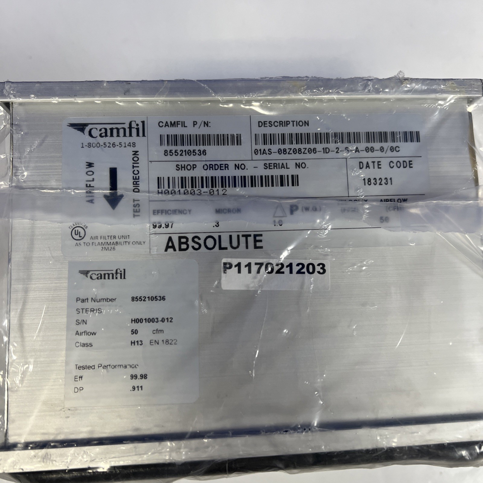 Camfil 855210536 HEPA Filter for Steris Reliance Washer - P117021203