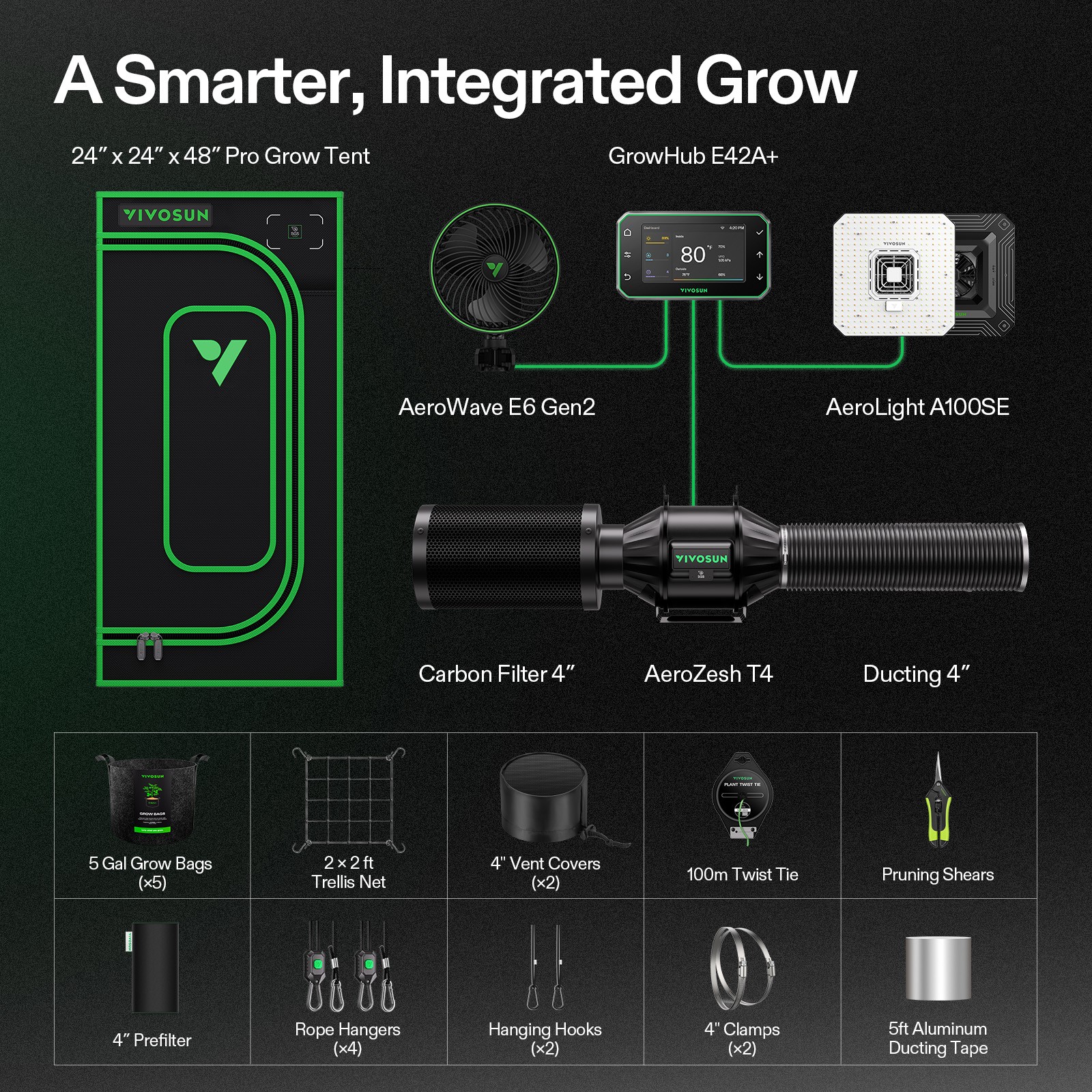VIVOSUN 2x2ft E42A+ Pro Grow Tent Kit w/ Aerolight A100SE & T4 Ventilation Kit