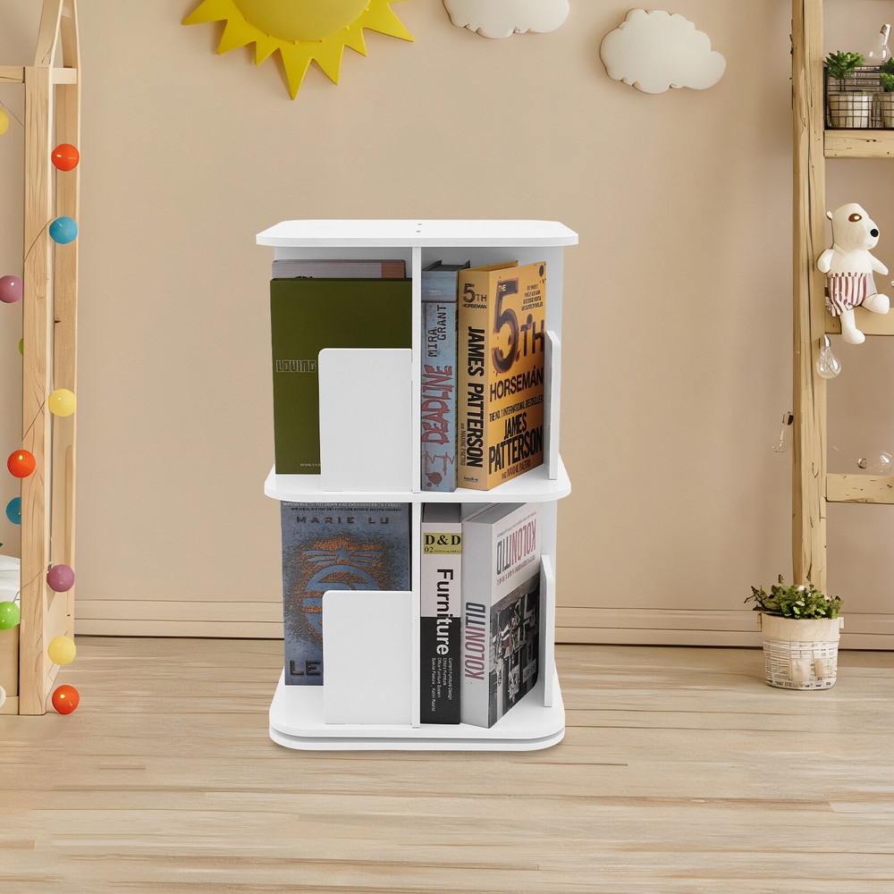 2-Tier Rotating Bookshelf - Compact White Bookcase for Corner Storage
