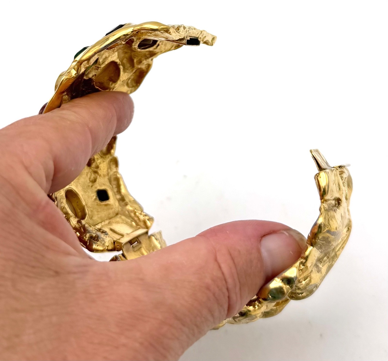 Vintage Ciner Mogul Gold Tone Pearl Gemstone Heavy Clamper Statement Bracelet