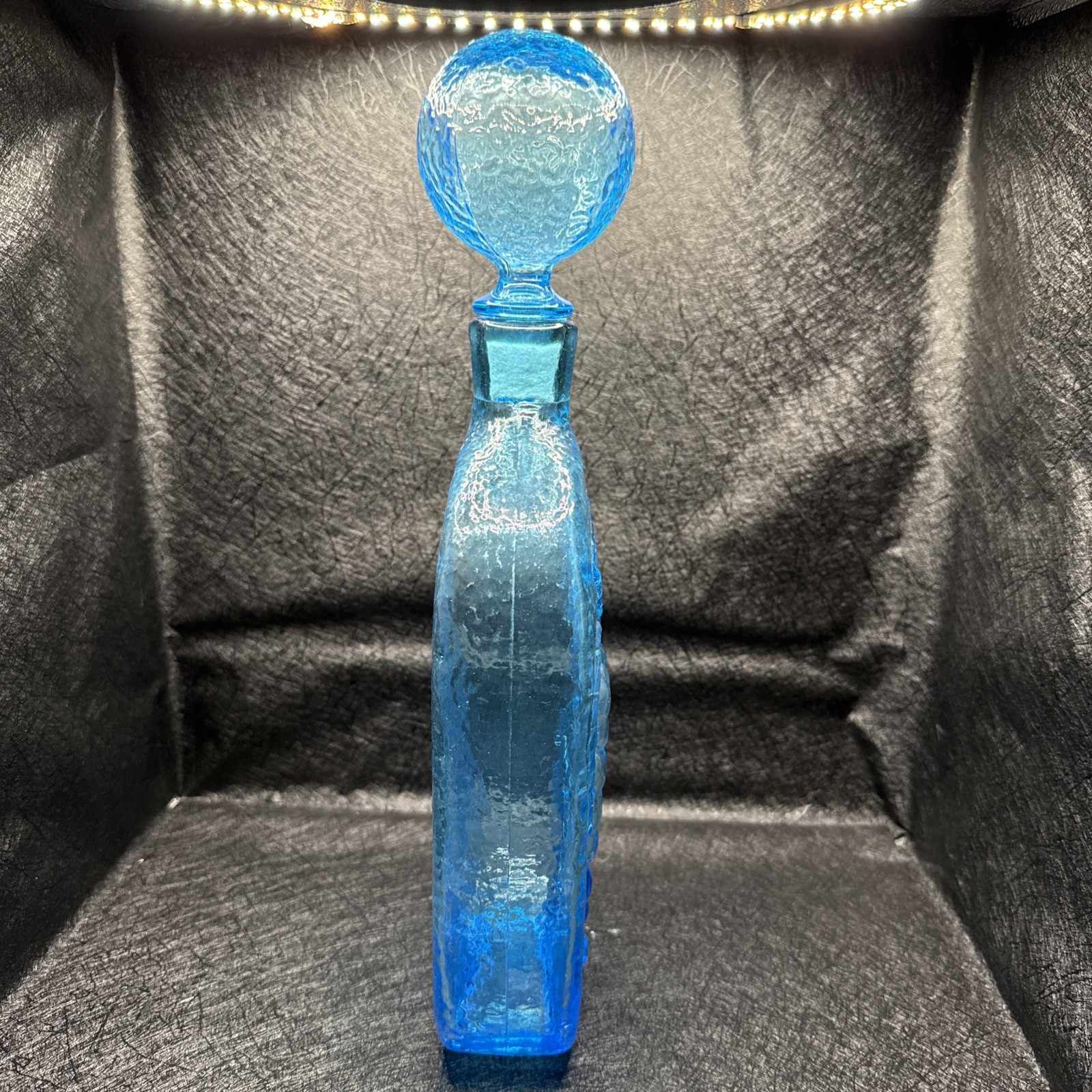 Blue Vintage MCM Italian Glass Wine Bottle /Decanter Grapes Leaves 11.25”