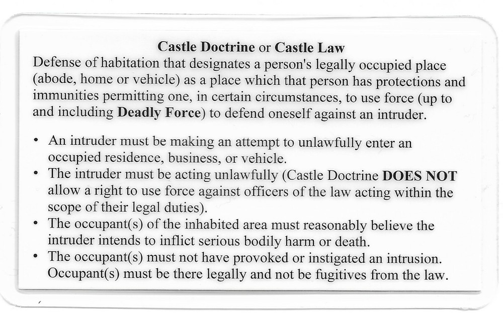 Castle Doctrine Pocket Reference Card, Laminated. Castle Law, Come And Take It