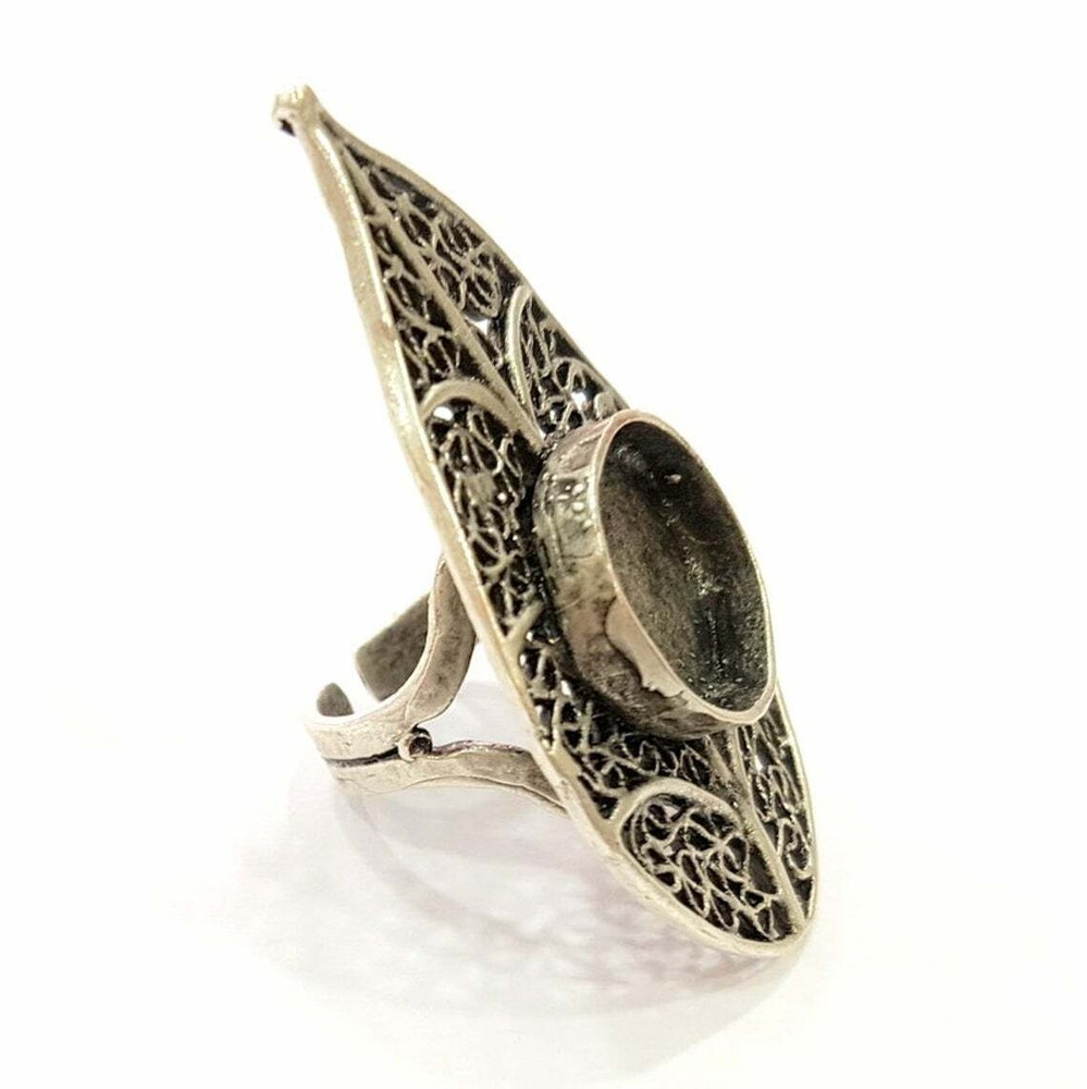 Leaf Adjustable Ring Round Blank Antique Silver Plated Brass G6718