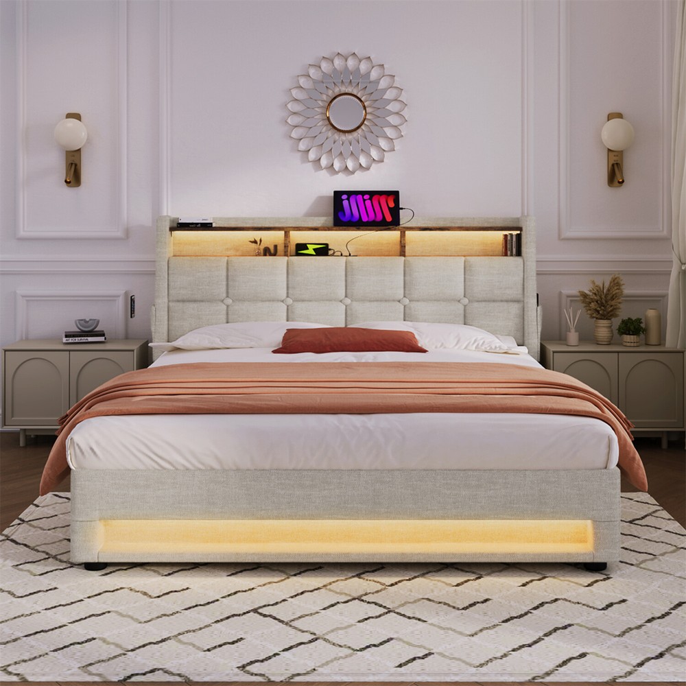 Full Size LED Bed Frame Upholstered Platform Bed with Hydraulic Storage System
