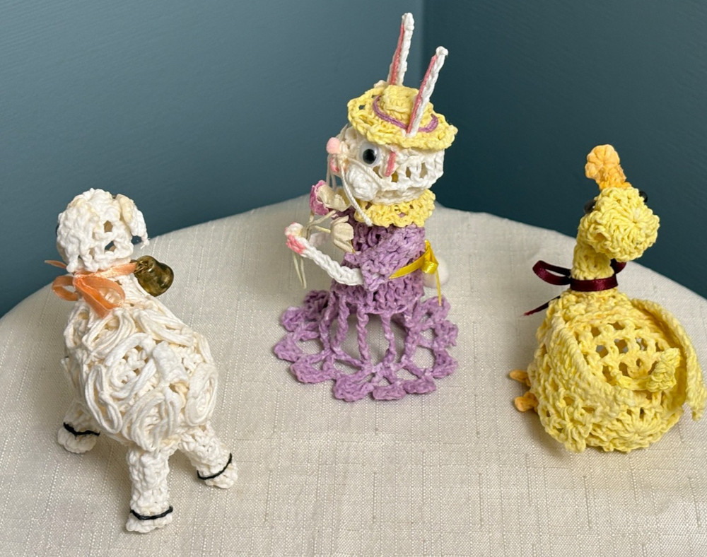 3 Vintage Handmade Starched Crochet String Easter Figures - Lamb Duck Rabbit