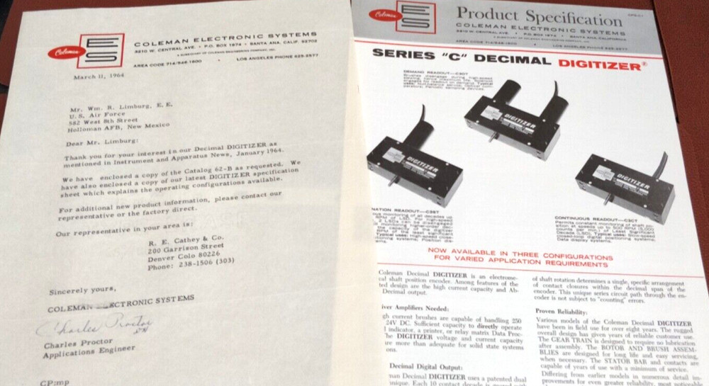 1964   COLEMAN ELECTRONIC SYSTEMS ~ CATALOG 62-B ~ Digitizers