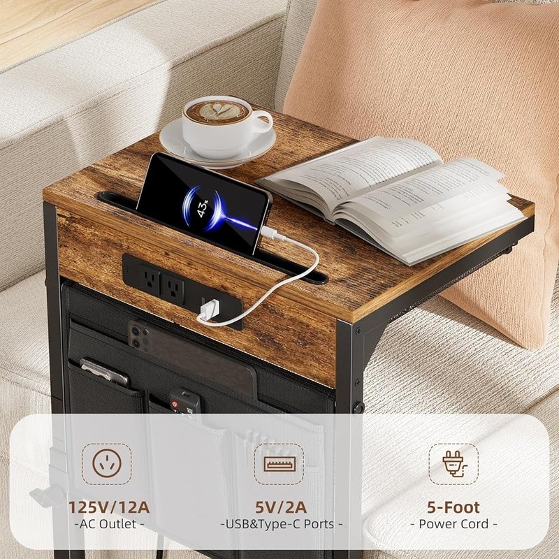Adjustable C Table W/ Charging Station USB Type-C AC Outlet Storage Pockets