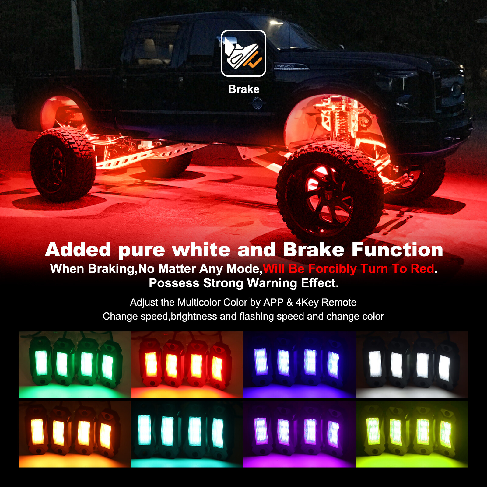 4 Pod RGB LED Rock Lights Underglow with Bluetooth APP Control For UTV ATV RZR