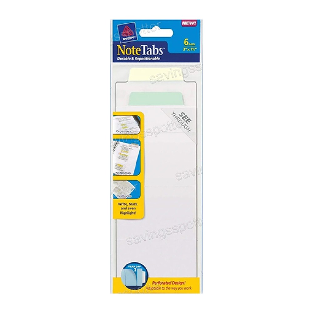 Avery 3" Long Note Tabs Perforated Notetabs Pastel Yellow Blue 6Pk