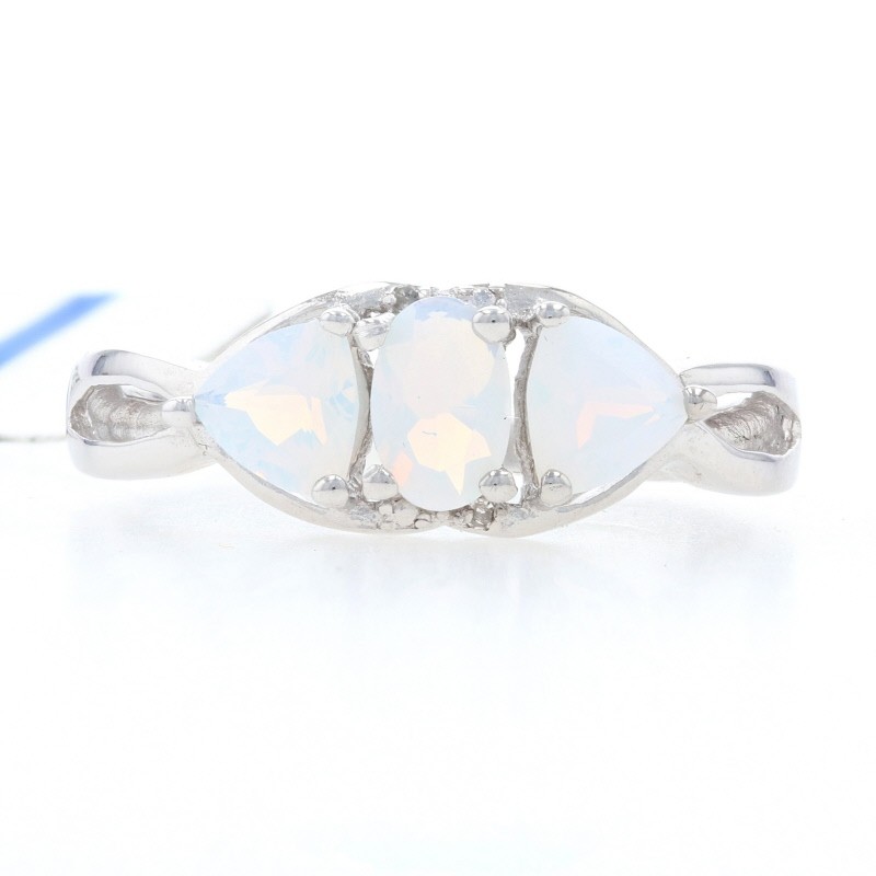 NEW Opalite Three Stone Ring - Sterling Silver Diamond Accents