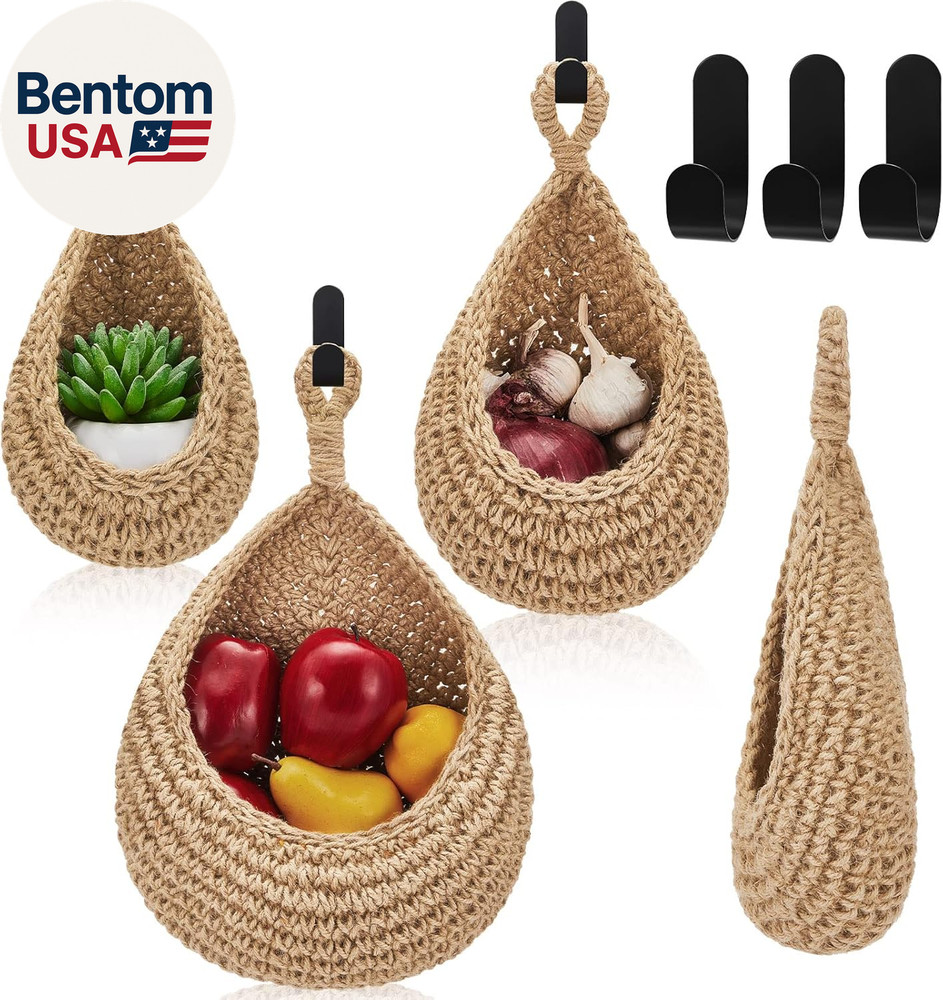 Boho Decor Hanging Wall Baskets for Kitchen 3 Pack Teardrop Baskets with Hooks S