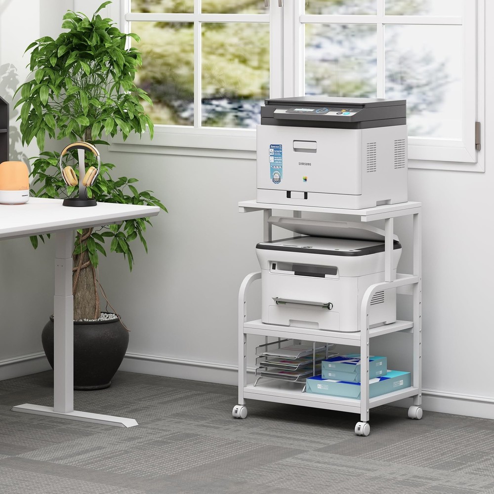Fannova White Printer Stand with Storage, 3 Tier Printer Table with Height Ad...