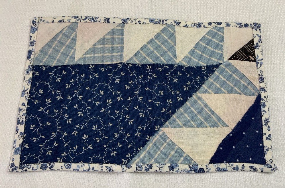 Vintage Antique Patchwork Quilt Table Topper, Triangles, Navy, Calico Prints