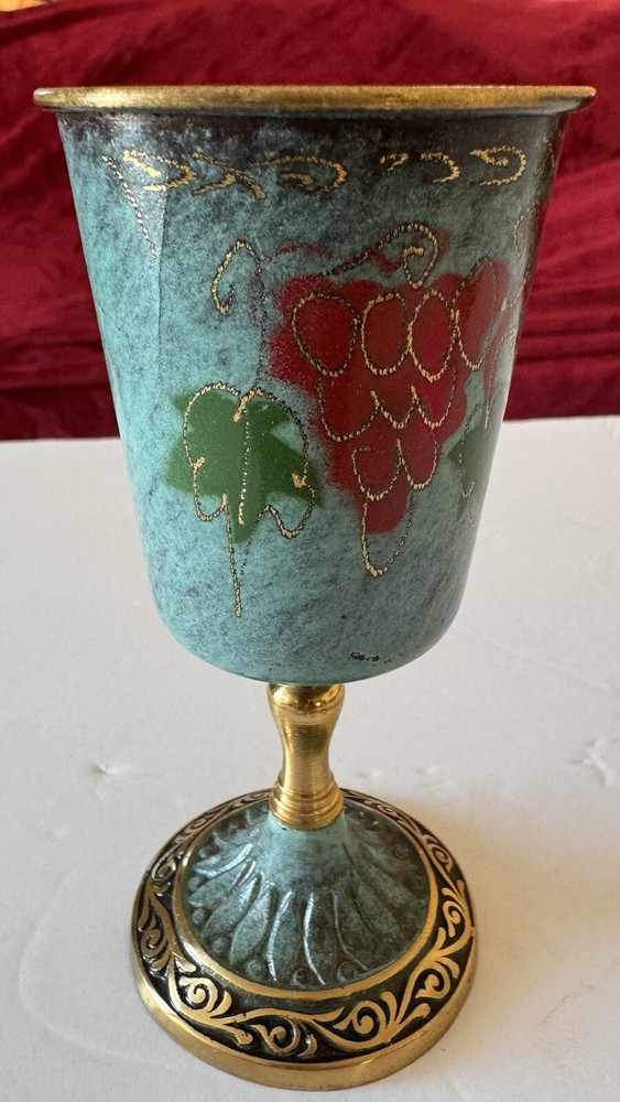 VTG Hakuli Hand-painted Enamel & Brass Kiddush Cup Verdigris 5"