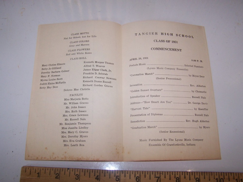 1951 TANGIER INDIANA HIGH SCHOOL Commencement Program with Names