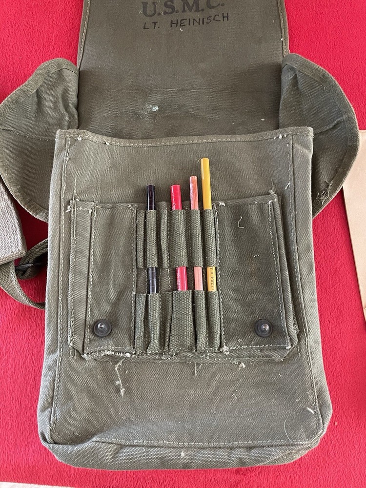 ID'd USMC Map Dispatch Case Bag w/ Pencils 1944 WWII Original MARINE CORPS M1938