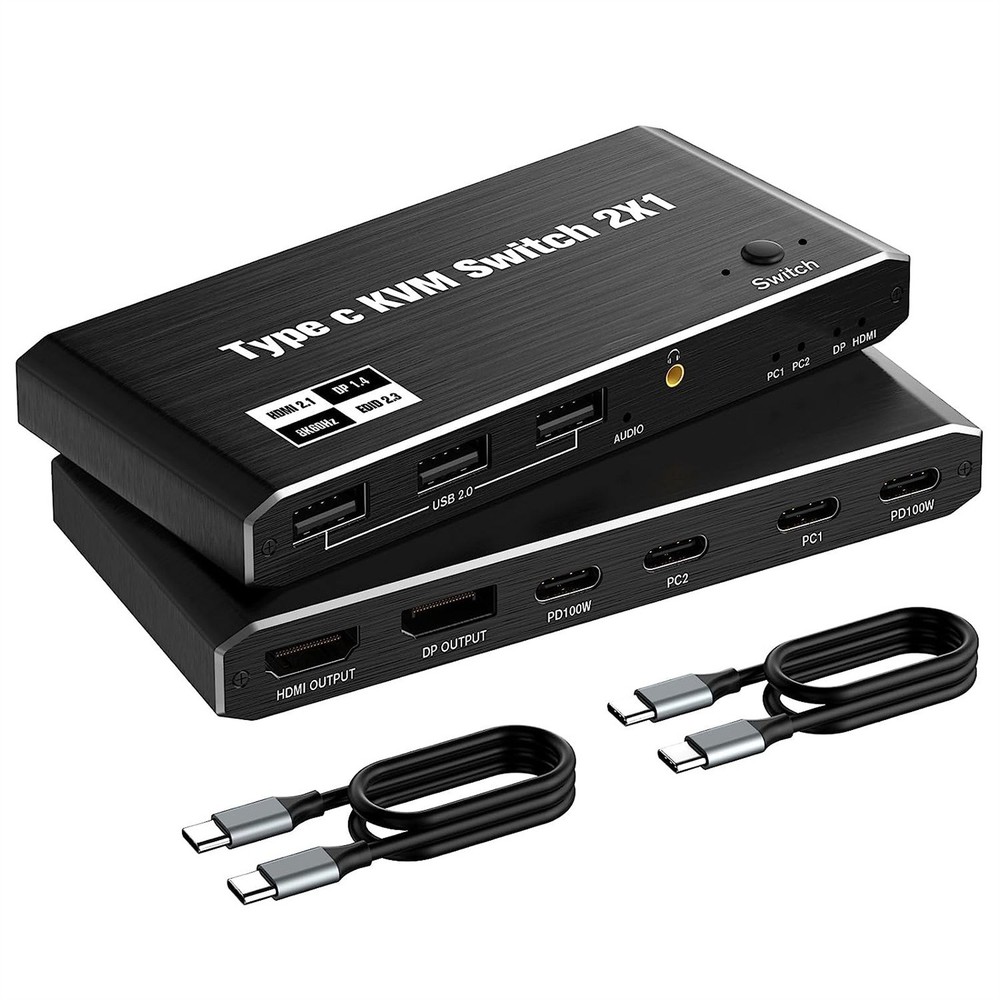 2x1 8K USB C KVM Switch 3.5mm 100W PD Charge Type C KVM Switch Share Accessories