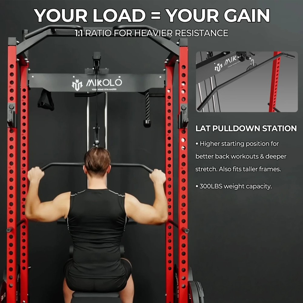 Power Cage Squat Rack w/ LAT Pulldown Cable System 1200LB Home Gym
