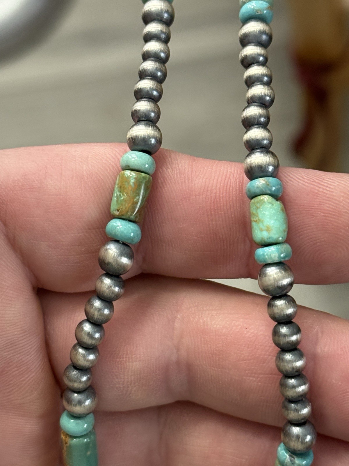 STERLING SILVER 5mm NAVAJO PEARL TURQUOISE CYLINDER BEADS BEADED NECKLACE .925